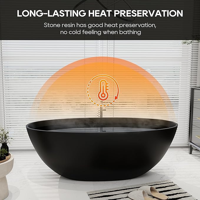 SJ STAR&JANE 65" Solid Surface Freestanding Bathtub, Oval Soaking Stone Resin Tub Stand Alone Tub with Overflow and Pop-up Drain for Bathroom Matte Black