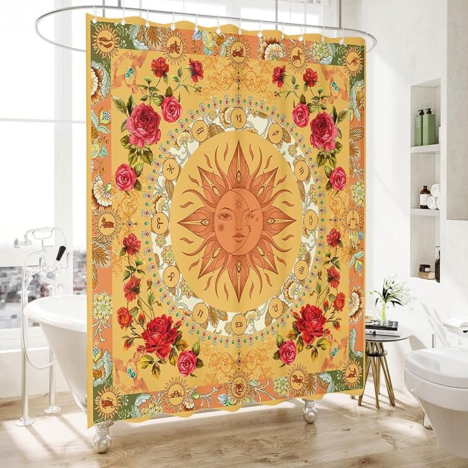 Bohemian Shower Curtain, Boho Floral Print Water Repellent Polyester Fabric for Bathroom Decor, 72×72 Inch Standard Size with 12 Hooks, Also as Room Divider