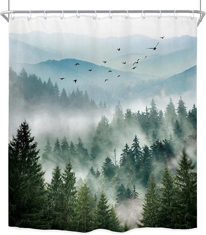 Riyidecor Green Mountain Shower Curtain 72Wx96H Inch Extra Long Nature Rustic Woodland Tree Scenery,Alpine Landscape Natural Foggy Mens Bathroom Decor Fabric Polyester Waterproof 12 Pack Hooks