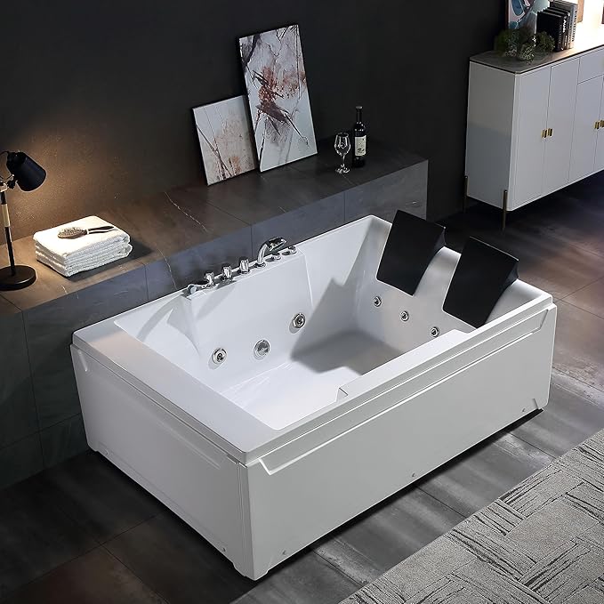 Empava 72" x 48" Whirlpool Tub, 2 Person Jetted Bathtub, Hydro Massage & Chromatherapy [ETL Certified], 3 Sided Apron, Acrylic , 1125 Watt, 110 Gallons, Left Drain