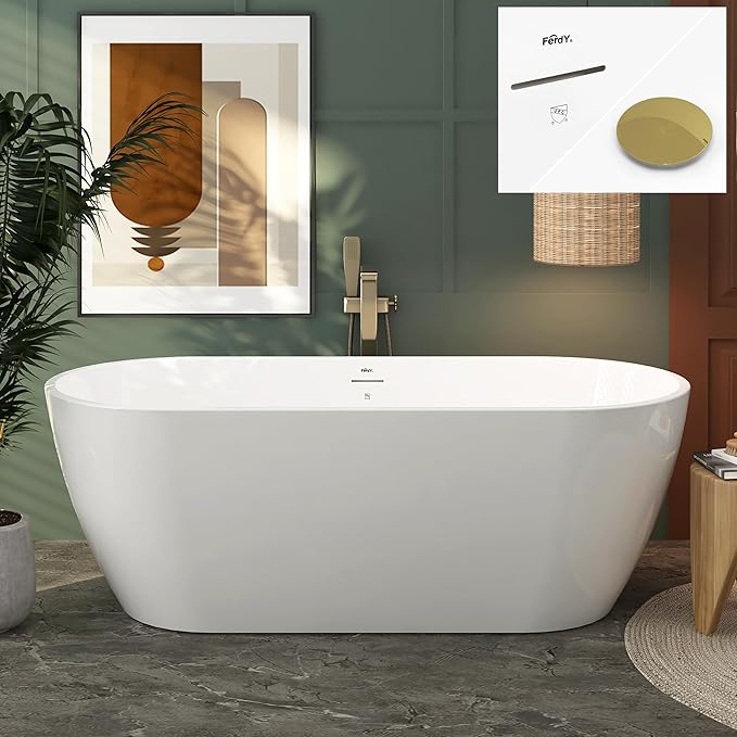 FerdY 67" Bali Elite Acrylic Freestanding Bathtub, Gracefully Shaped Freestanding Soaking Bathtub, cUPC Certified, Toe-Tap Polished Gold Drain and Minimalist Linear Design Overflow Included