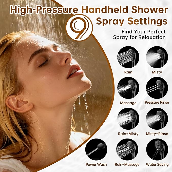 BRIGHT SHOWERS High Pressure Dual Shower Head Combo with Handheld and Rain Shower, Built-in Power Wash, 9 Settings, Height Adjustable Extension Arm, 3-Way Diverter, 69” Hose, Matte Black