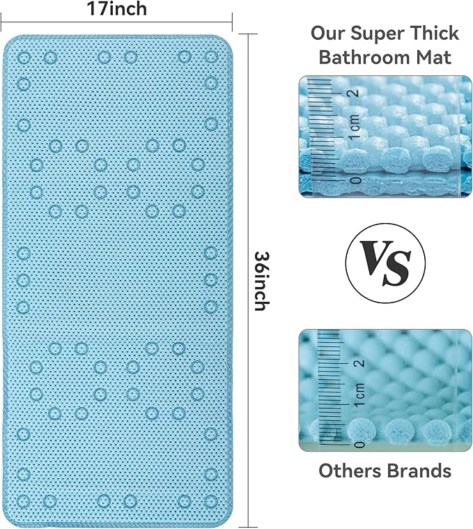 Double Layer Foam Non Slip Bathtub Mat 37x17in, More Comfortable and Thicker Tub Mat Than Ordinary Foam Shower Mat, Bath Mat for Tub with Suction for Comfort and Safety (Blue, 36'' x 17'')