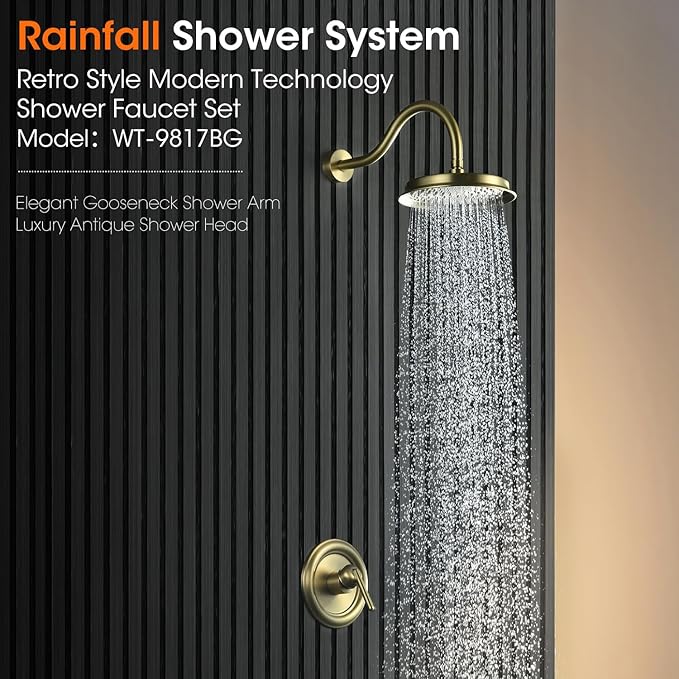 Antique Shower Faucet Set Brushed Gold, 9 inch High Pressure Rainfall Shower Head, Shower System with Pressure Balance Valve, Shower Trim Kit with Rough-in Valve (WT-9817BG)