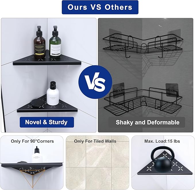 10" Corner Shower Shelf, 2-Pack Shower Shelves SUS304 Stainless Steel Bathroom Shelves for Tile Walls, Recessed Corner Shelf Organizer Rack, No Drilling (Matte Black)