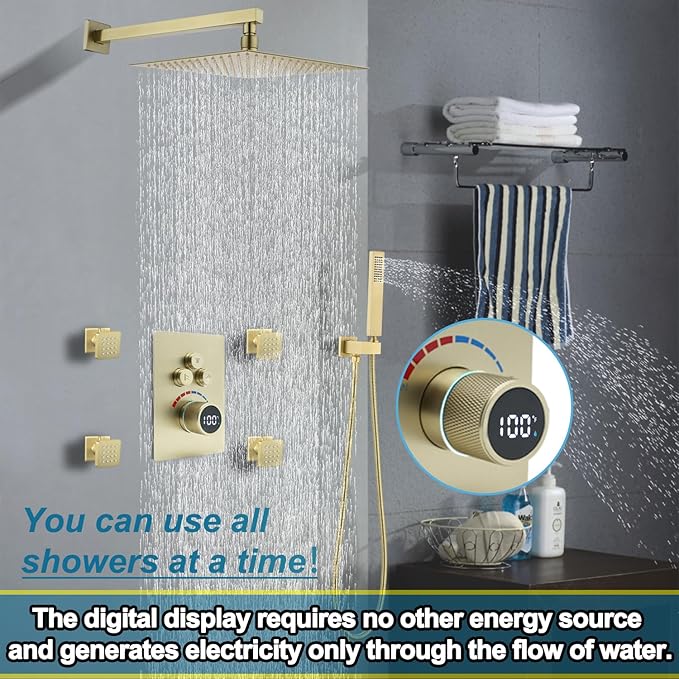 Digital Display Shower Valve Shower Valve 3 Way Shower Diverter Valve Shower Mixing Valve Can Use All the Time Brushed Gold