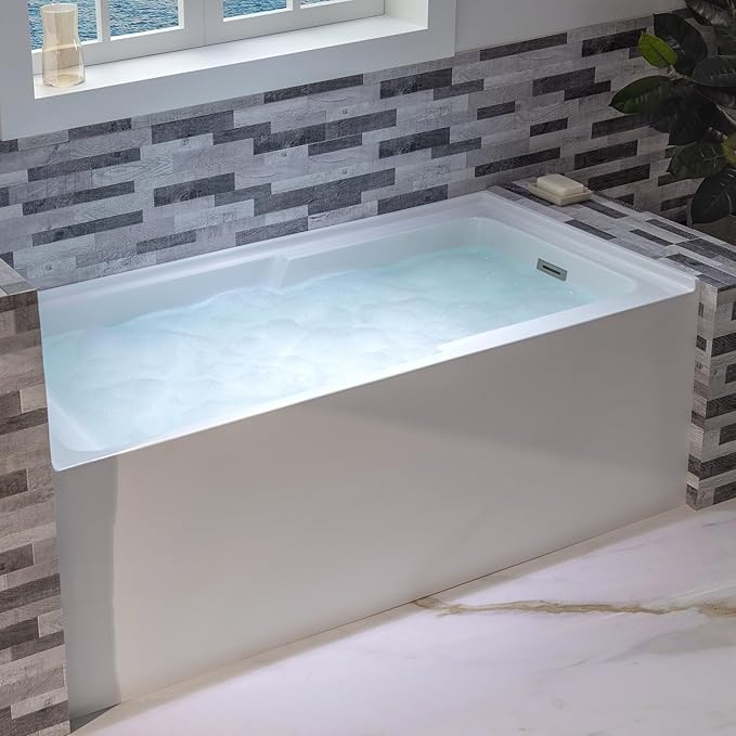 WOODBRIDGE 54" Acrylic Rectangular Alcove Soaking Bathtub in White with Right Drain, Brushed Nickel Pop-Up Drain Included BA5430R