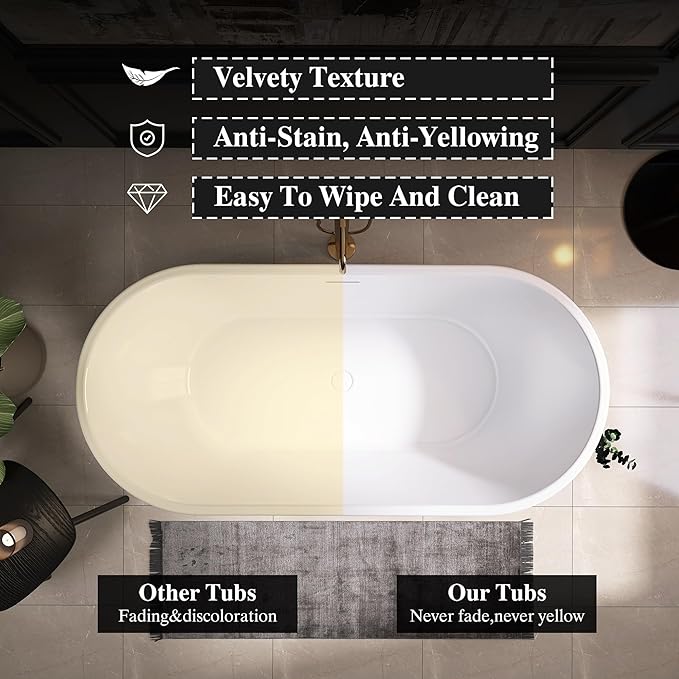 59" Acrylic Freestanding Bathtub, Free Standing Tub, Stand Alone Tub, Soaking Tub with Integrated Overflow and Drain, cUPC Certified, Gloss White