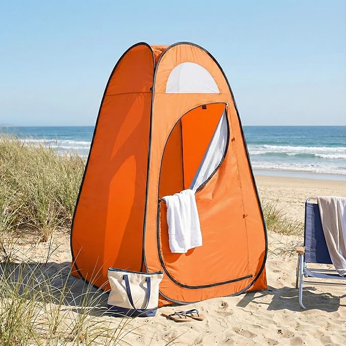 4x4ft Pop Up Privacy Shower Tent with Top Window, 3.6lbs Liightweight Dressing Room, Portable Toilet Stall with Carry Bag for Camping, Beach, Outdoors (Orange)