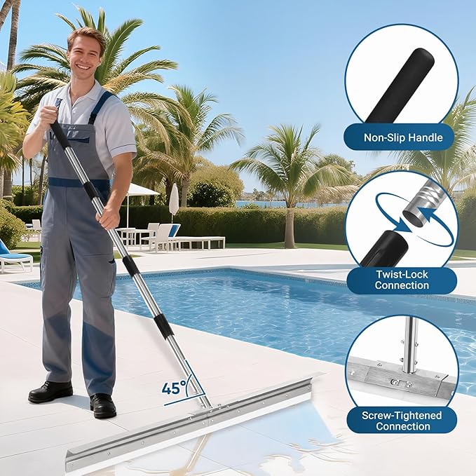 CAROD 33.4" Large Floor Squeegee for Concrete, Industrial Silicone Blade Squeegee for Floor with 63" Stainless Handle, Anti-Splash Curved Baffle Design for Garage, Factory, and Tough Cleaning Jobs
