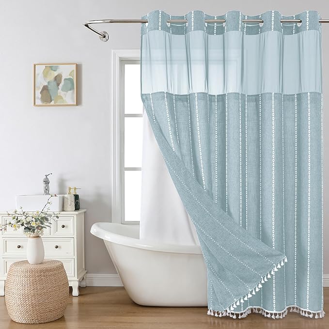No Hook Long Shower Curtain Set with Snap-in Fabric Liner,Linen Textured Thick Striped Fabric with Tassels,Boho Farmhouse Rustic Luxury Bathroom Curtain,Water-Repellent,Fog Blue,71x80