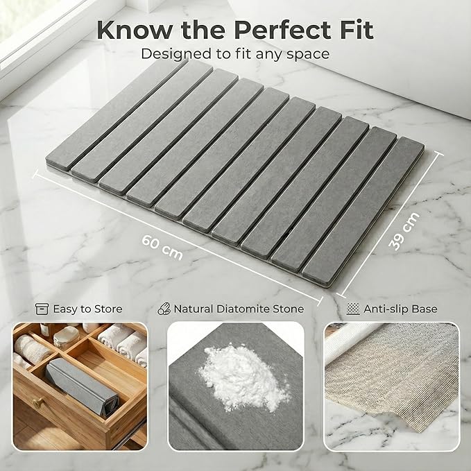 Stone Bath Mat | Extra Large 23.6 X 15.5 Foldable Diatomaceous Earth | Quick Drying Bath Mat | Non Slip Super Absorbent Bathroom Floor Mat | Fast Drying Water Absorbing Stone