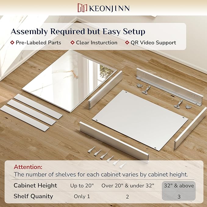 Keonjinn 64 x 32 Inch Medicine Cabinet, Assembly Required, Silver Bathroom Medicine Cabinets Mirror, Lightweight, Adjustable Shelves, Surface Mount or Recessed, Tempered Glass