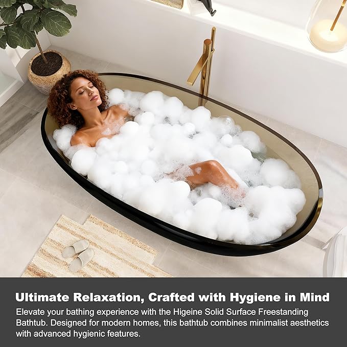 71" Premium Solid Surface Freestanding Bathtub, Upgraded Transparent Dark Brown Oval Resin Soaking Tubs with Pop-up Drain