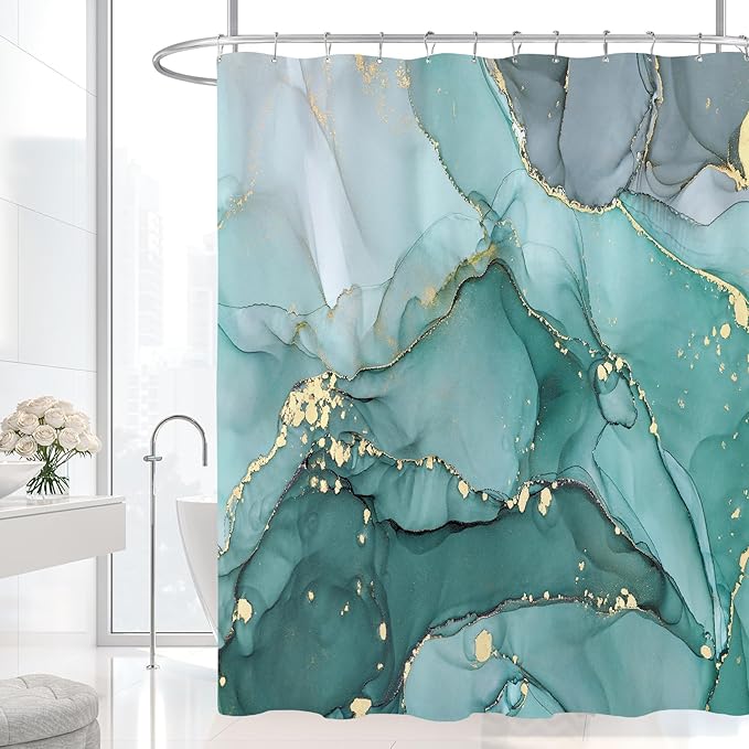 Turquoise Marble Shower Curtain, Teal Modern Abstract Fabric Shower Curtains for Bathroom, Luxury Art Ink Texture Watercolor Aqua Shower Curtain Set with Hooks 72x72