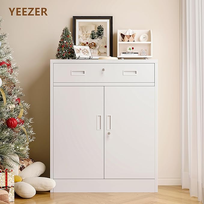 Metal Storage Cabinet with Drawer, 36" H White Locking Metal Cabinet, Adjustable Shelf File Cabinet Cabinet with Doors for Home Office, Garage, Warehouse, Laundry Room, Basement