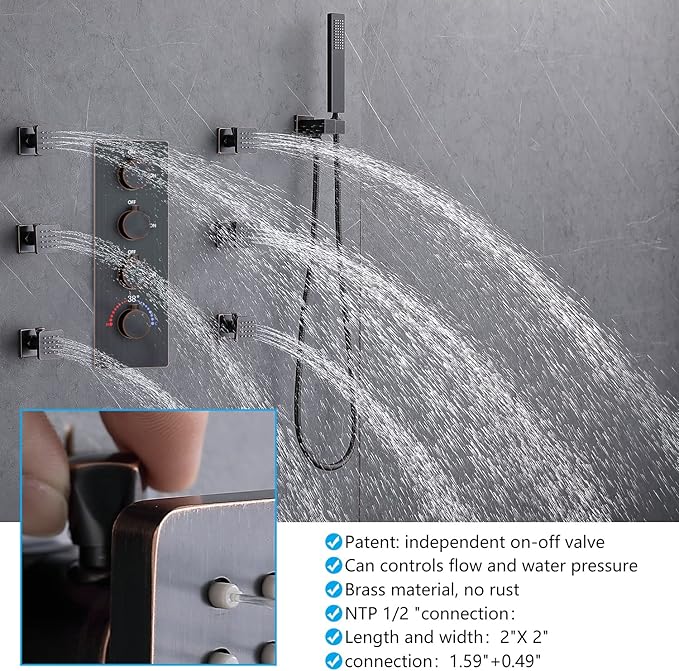 16x32 Inches Bathroom Shower System Ceiling Mount Thermostatic Luxury Rain Shower With 6 On/Off Body Jets and Handheld Shower Faucet Set Full Body Massage Shower Mixer Combo Set Oil Rubbed Bronze