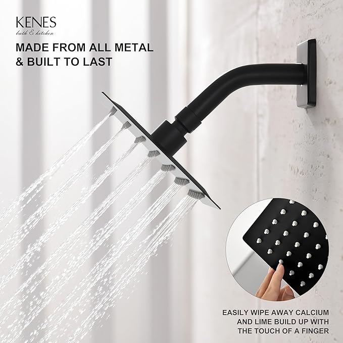 KENES Matte Black Shower Faucet with 6-Inch Shower Head and Handle Set, Square Shower Faucet Set Bathroom Rainfall Shower System Wall Mount, KE-6025B-2 (Shower Valve Included)