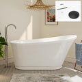 FerdY Langkawi 59" Acrylic Freestanding Bathtub, White Modern Stand Alone Soaking Bathtub, cUPC Certified, Matte Black Drain and Minimalist Linear Design Overflow Included, Easy to Install