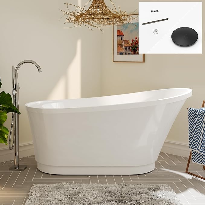 FerdY Langkawi 59" Acrylic Freestanding Bathtub, White Modern Stand Alone Soaking Bathtub, cUPC Certified, Matte Black Drain and Minimalist Linear Design Overflow Included, Easy to Install