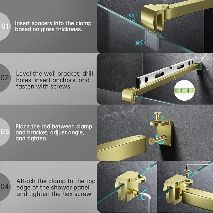 Frameless Shower Door Support Bar, Stainless Steel Wall-to-Glass Support Arm to Fixed Shower Glass Panel, for 1/4"-3/8" (6-10 mm) Door, 180° Pivot & Stow-Flat Mode (Brushed Gold, 27.6-inch(700mm))