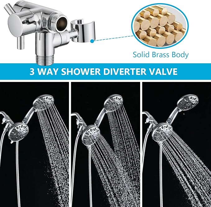 PDPBath Solid Brass 3 Way Shower Arm Diverter Valve with Handheld Holder for Dual Shower Heads with G1/2 Universal Connection - Chrome