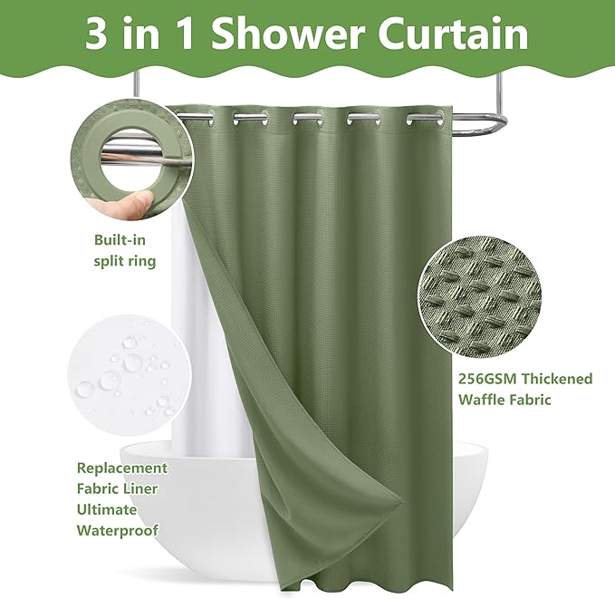 No Hook Waffle Weave Shower Curtain with Snap-in Fabric Liner,256GSM Heavy Duty Fabric Shower Curtain Set,Green Waterproof Washable Luxury Shower Curtain for Bathroom Stall (72x75 Inch)