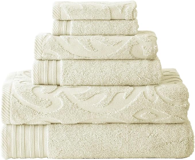 Modern Threads 6 Piece Jacquard/Solid Towel Set-Medallion Swirl Ivory (Pack of 8)
