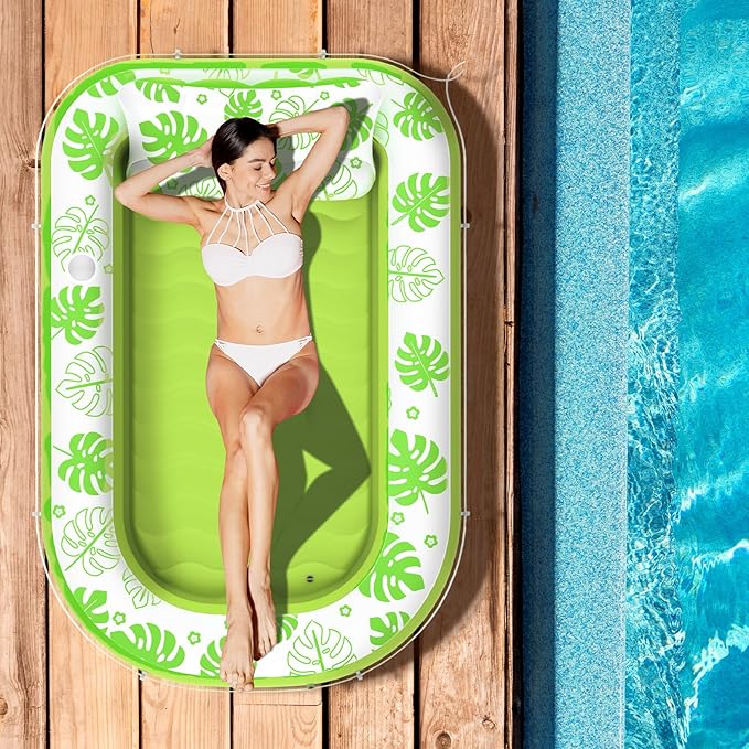 Inflatable Tanning Pool Lounger Float with Cervical Pillow - Pool Floats Adult for Sunbathing, Backyard, Pool Party - Inflate Ball Pit for Babies - Kids Swimming Pool Bed