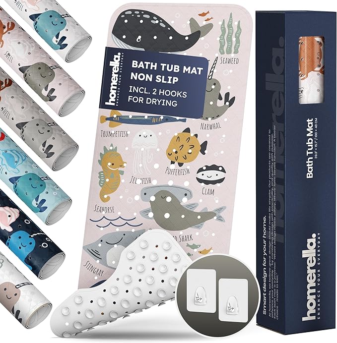 Bath Tub Mat Non Slip Anti Mold for Kids BPA Free INCL Hooks - homerella® Ocean Sea Animals 40x16, Baby Bath Mat Non Slip 200 Suction Cups, Non Toxic Machine Washable Toddler Bath Mat, EU Certified