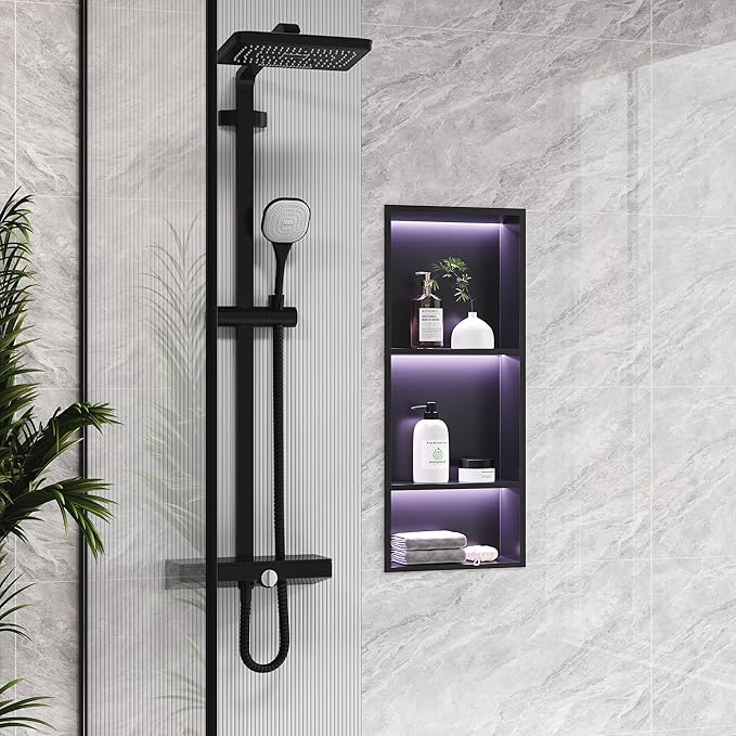 3-Tiers 12x30Inch Wall Niche with RGB LED Lights, Matte Black Recessed Shower Niche Cabinet, Stainless Steel Bathroom Shelf, NO Tile Needed Storage Organizer for Shower Wall