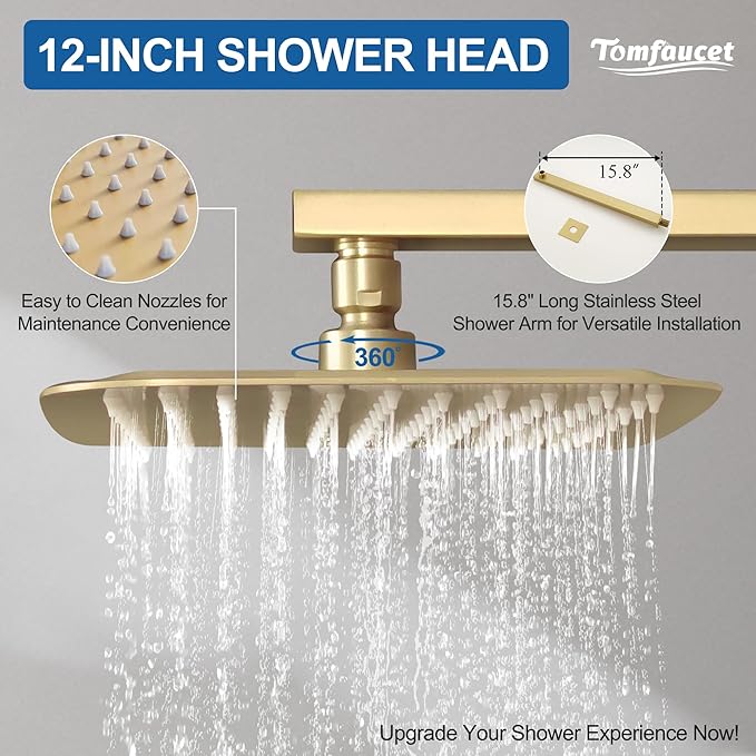 Brushed Gold 12" Rainfall Shower System with Handheld & Body Jets, Wall-Mounted Rain Shower Kit with Slide Bar Combo, Pressure-Balanced Valve with Tempered Glass Shelf & Waterfall Spout Shower Set