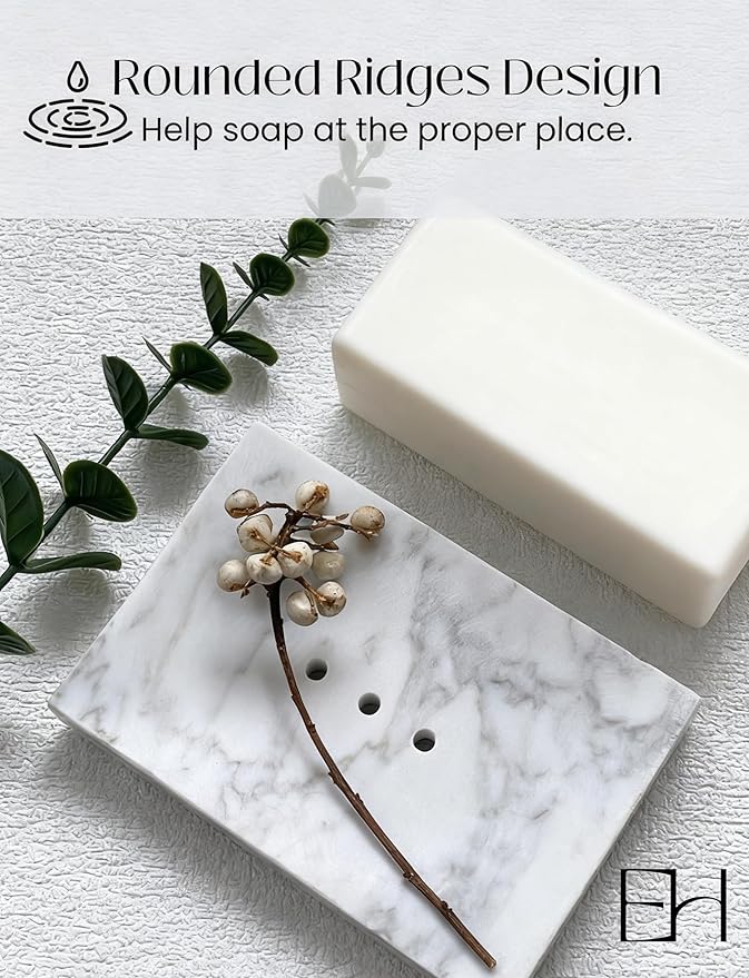 Real Marble Soap Dish - Soap Dish for Shower, Shower Bar Soap Holder, Marble Dish for Bathroom Kitchen, Decorative Stone Soap Dish (Calacatta White, Drainage Holes, Rectangular)
