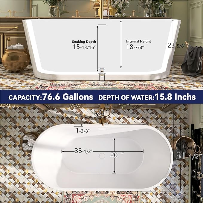 59" Acrylic Free Standing Tub, Stand Alone Tub, Freestanding Bathtub, Soaking Bathtub, cUPC Certified, SW(Glossy White)
