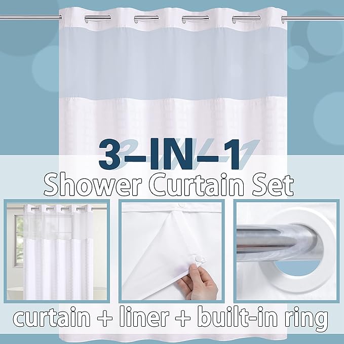 Conbo Mio Extra Long No Hook Shower Curtain with Snap in Liner Set, Hotel Luxury White Fabric Shower Curtains for Bathroom with See Through Top Window, Washable, Waterproof 71W x 84H