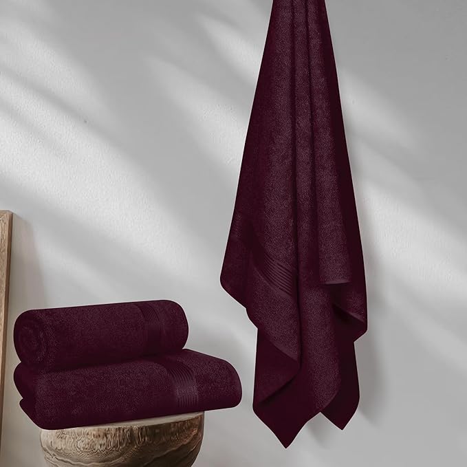 Elvana Home Cotton 2 Pack Oversized Bath Towel Set 28x55 inches, Large Bath Towels, Ultra Absorbant Compact Quickdry & Lightweight Towel, Ideal for Gym Travel Camp Pool - Burgundy Red