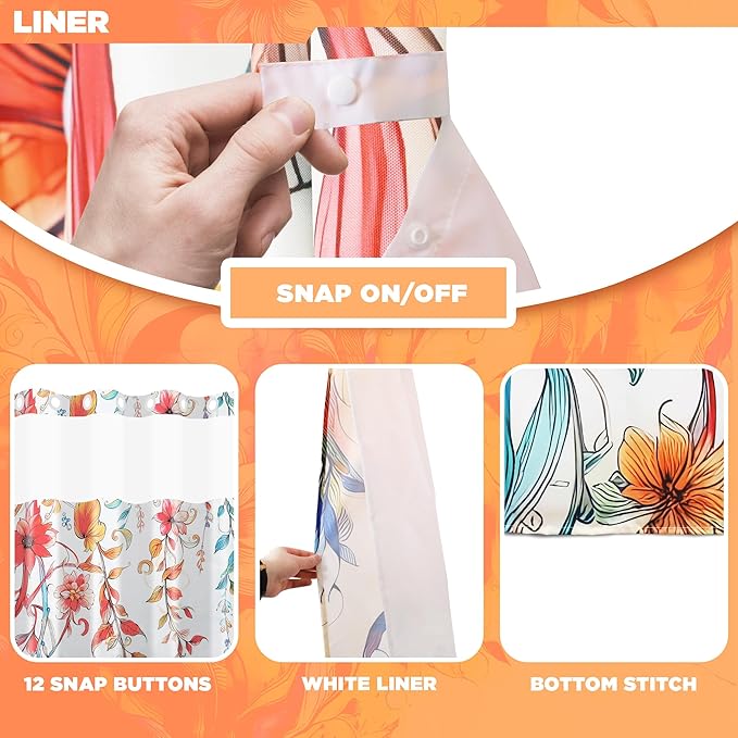 Hookless Shower Curtain with Snap-in Liner Set, Floral, Vibrant Watercolor Fabric, See Through Sheer Window, Washable, 3 Magnet Weights, No Hook, Waterproof, Boho Farmhouse, Standard Size