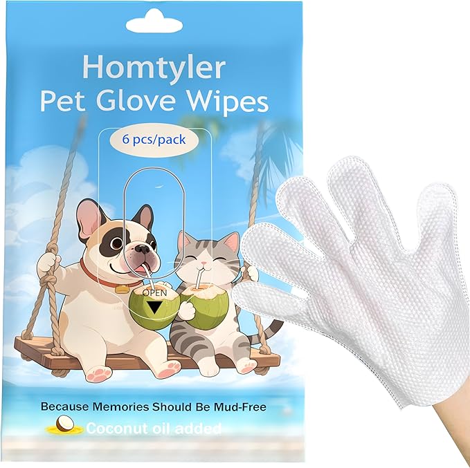 Dog Wipes Cleaning Deodorizing & Washing Gloves for Pets, Glove Wipes Pro for Dogs & Cats with Coconut Oil, Extra-Thick,Lick-Safe for Paws,Eyes,Ears&Body, Rinse-Free Waterless Bath,6PCS