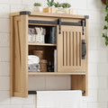Bathroom Wall Cabinet, Farmhouse Medicine Cabinet with Sliding Barn Door & Adjustable Shelves, Wall Mounted Storage Cabinet for Toilet, Kitchen, Living Room (Natural Oak)