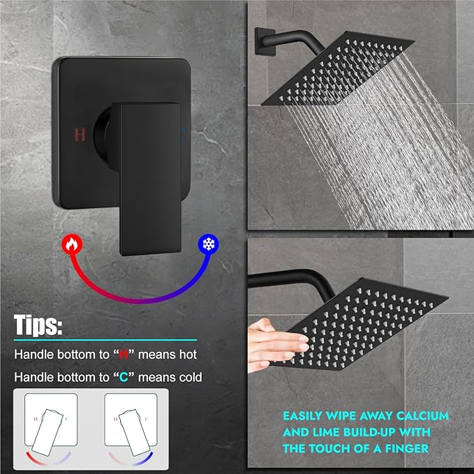 Heyalan 8 Inch Shower Head and Handle Set Square Shower Faucet Set Bathroom Rainfall Shower System Stainless Steel Showerhead Single Function Shower Trim Kit,Female Thread Valve,Matte Black