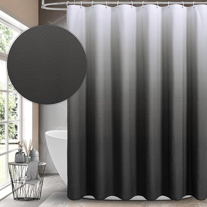 Gibelle Ombre Black Shower Curtain, 3D Embossed Textured Herringbone Fabric Shower Curtain, Modern Farmhouse Bathroom Decor Soft Cloth Shower Curtain Set with Hooks, 72x72
