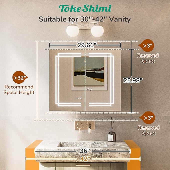 TokeShimi 30x26 Bathroom Mirror Medicine Cabinet with Light 3 Colors, Anti-Fog Tempered LED Mirror with Storage, Stepless Dimming CRI 80+, Memory Funtion, Wall Mirrored Cabinet for Bathroom Décor