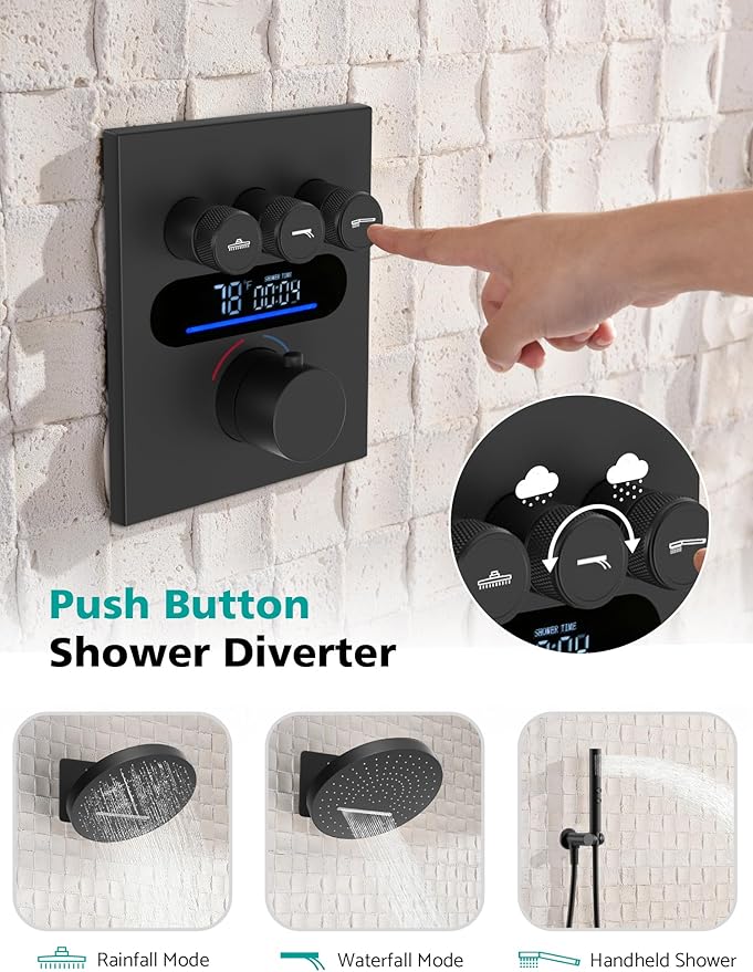 Lefton Shower System in Fahrenheit Display (Battery-free), 13” Overhead Round Rainfall Shower Head with All-in-one Handheld Spray Showerhead, 4-in-1 Control System, SSWM2501 (Matte Black)