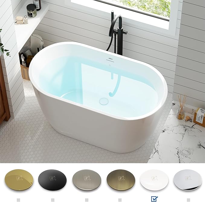 FerdY 47" Bali Acrylic Freestanding Bathtub, Gracefully Shaped Freestanding Soaking Bathtub, cUPC Certified, Toe-Tap White Drain and Minimalist Linear Design Overflow Included