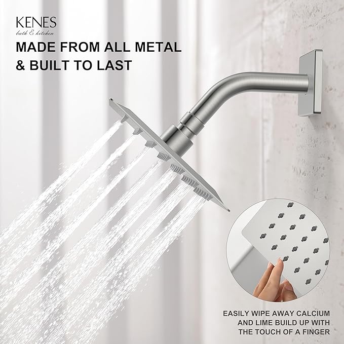 KENES Brushed Nickel 6-Inch Shower Head and Handle Set, Square Shower Faucet Set Bathroom Rainfall Shower System Wall Mount, KE-6025B (Shower Valve Included)