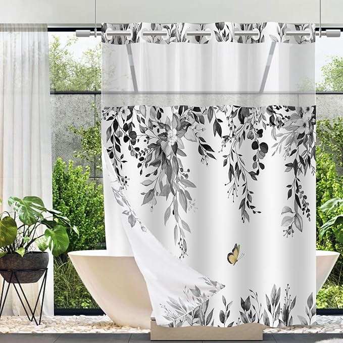No Hook Shower Curtain and Liner Set, Grey Eucalyptus Floral Shower Curtains for Bathroom, Bath Curtain Sets with Snap in Liner, Waterproof with See Through Top Window, 71x74 Inches