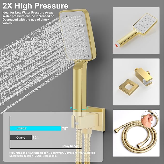 Shower System 12IN Modern Rain Brass Faucet Set With Valve and Diverter Shower Mixer With Handheld High Pressure Square Rainfall Shower Valve (12'' Ceiling Mount, Brushed Gold)