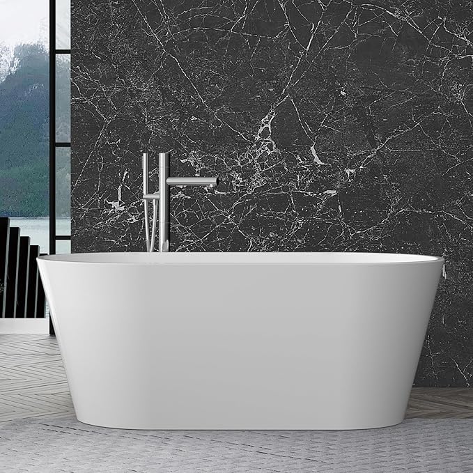 59" Free Standing Tub, Acrylic Soaking Bathtub, Stand Alone Freestanding Tub with Matte Sliver Drain and Overflow, Contemporary Bathtub for Bathroom, Burnish White