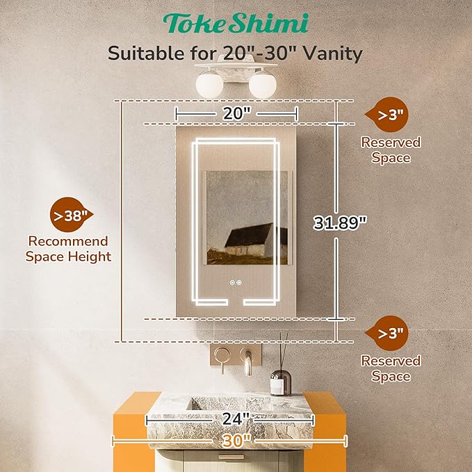 TokeShimi 20x32 Lighted Medicine Cabinet Mirrored, Anti-Fog Tempered Bathroom LED Mirror with Storage 3 Color Stepless Dimming, CRI 80+, Memory Funtion, Surface Mount Medicine Cabinet with Light