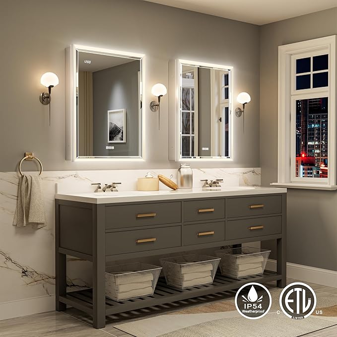20x32 Lighted Medicine Cabinet with Beveled Mirror & Clock, Surface or Recessed Mirrored Medicine Cabinet with Dimmable Light Anti-fog, Built-in Sensing Light & Outlet, Soft-Close Right Hinge